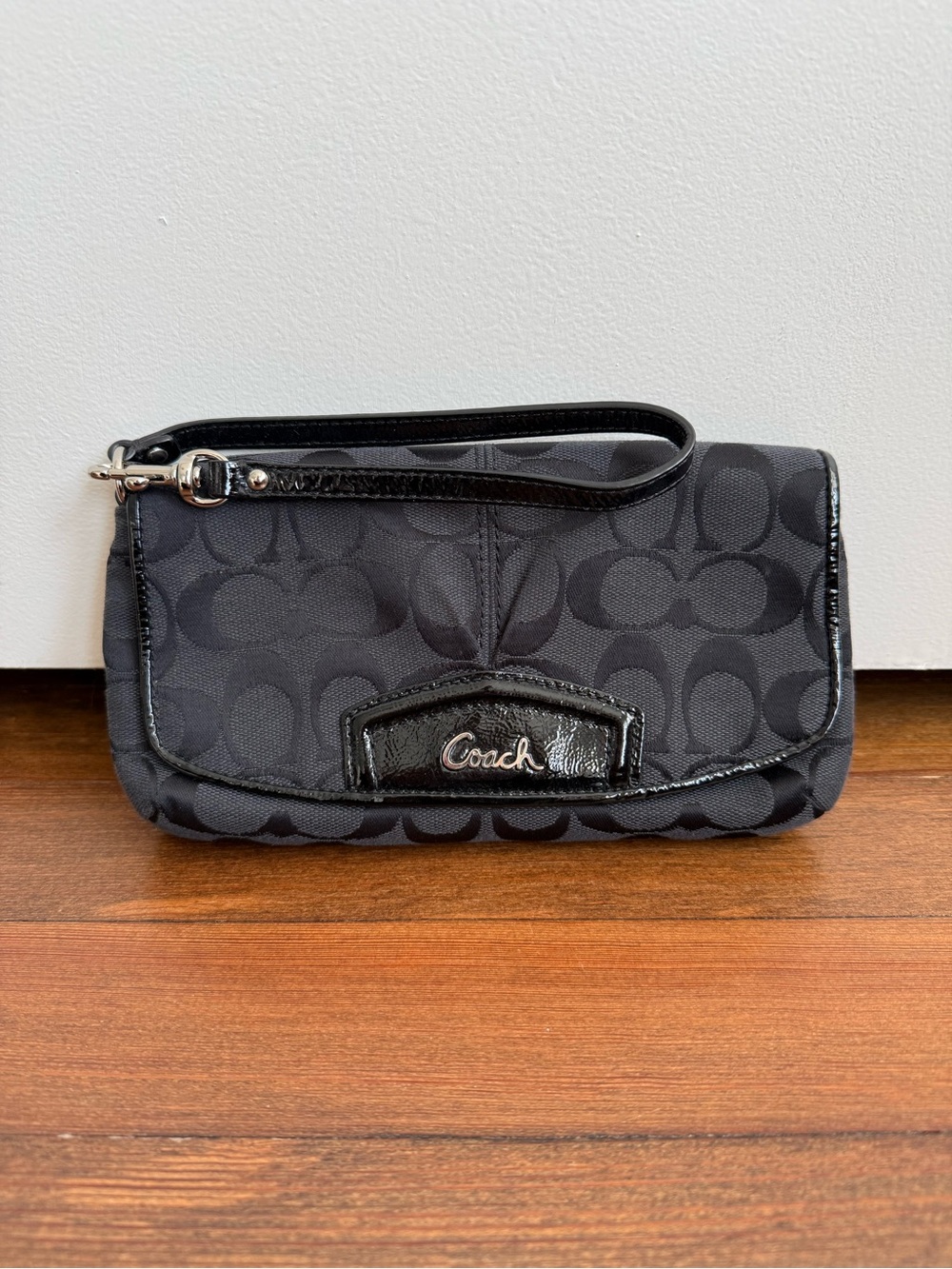 Coach Signature Black Jacquard Wristlet Wallet, Silver Hardware